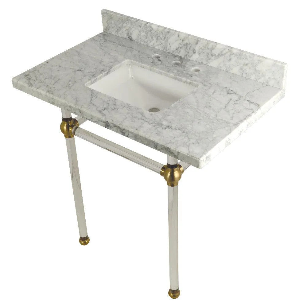 Kingston Brass Templeton 36" x 22" Carrara Marble Vanity Top with Clear Acrylic Console Legs in Brushed Brass