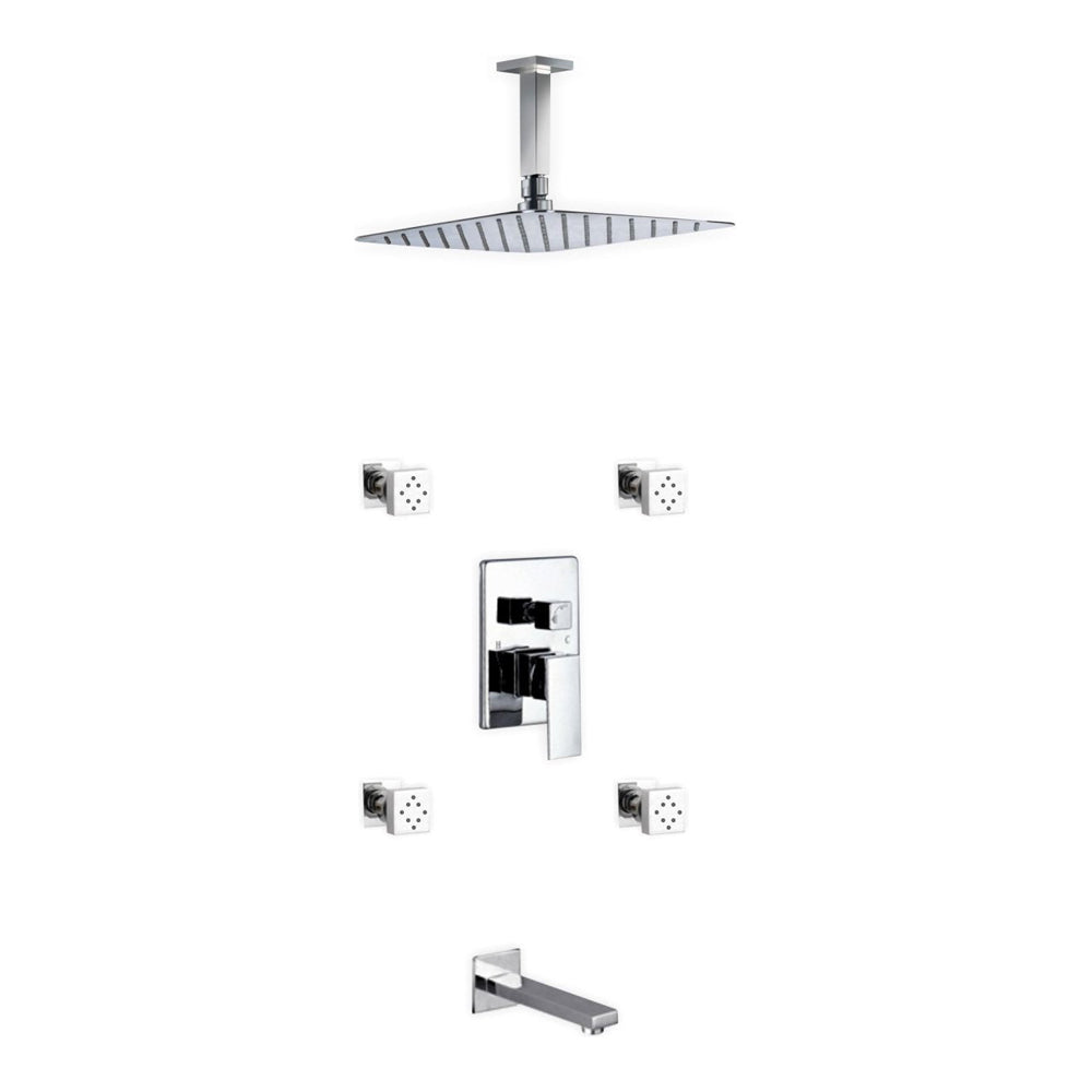 KubeBath 7 Piece Shower Set with 12" Ceiling Mount Square Rain Shower, Tub Filler and 4 Body Jets (CR3004JTF3V) 