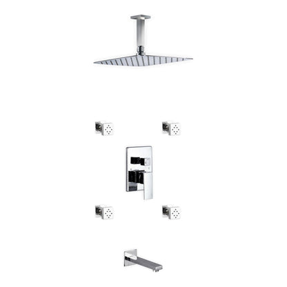 KubeBath 7 Piece Shower Set with 12" Ceiling Mount Square Rain Shower, Tub Filler and 4 Body Jets (CR3004JTF3V) 