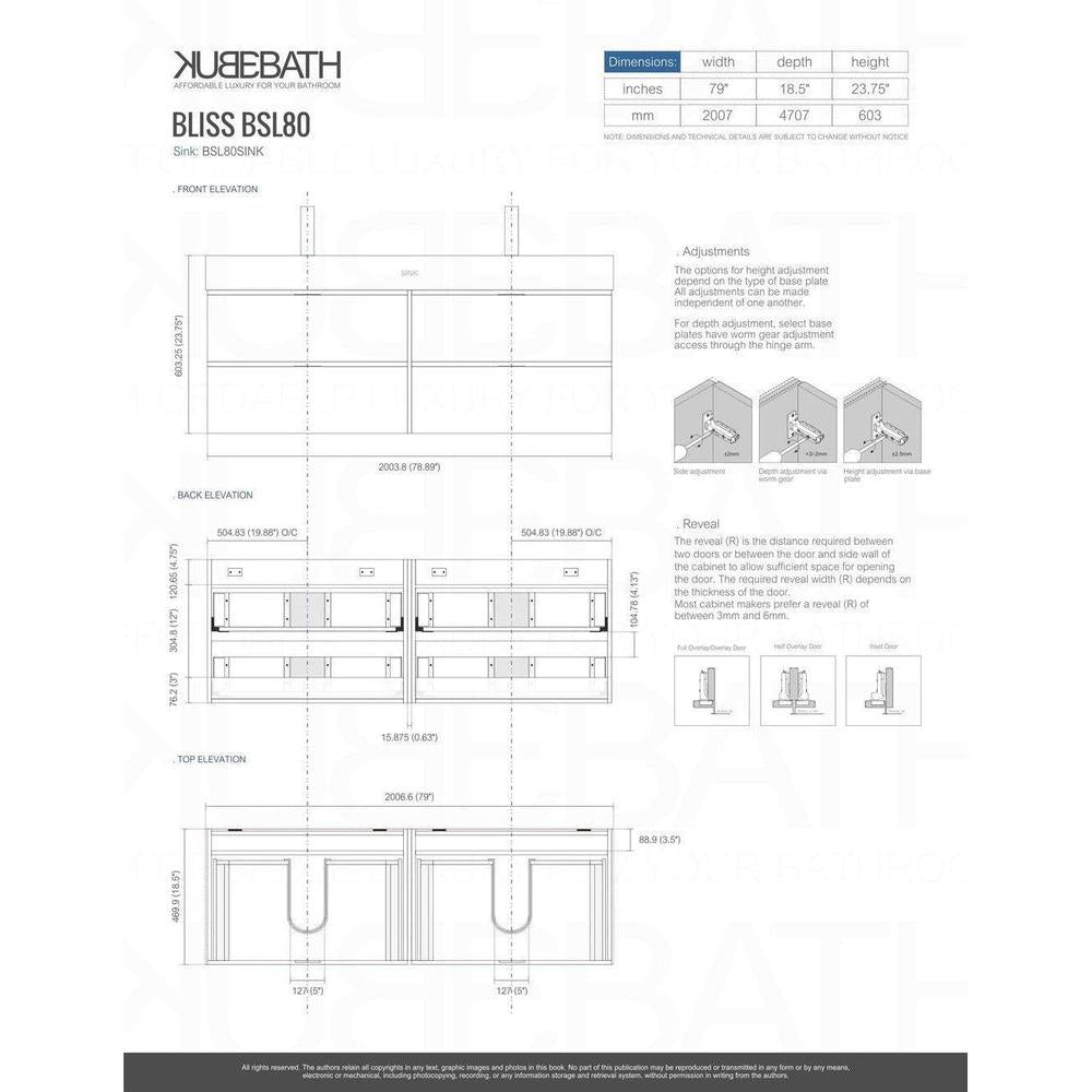 KubeBath Bliss 80 in. Wall Mount Double Sink Modern Bathroom Vanity 