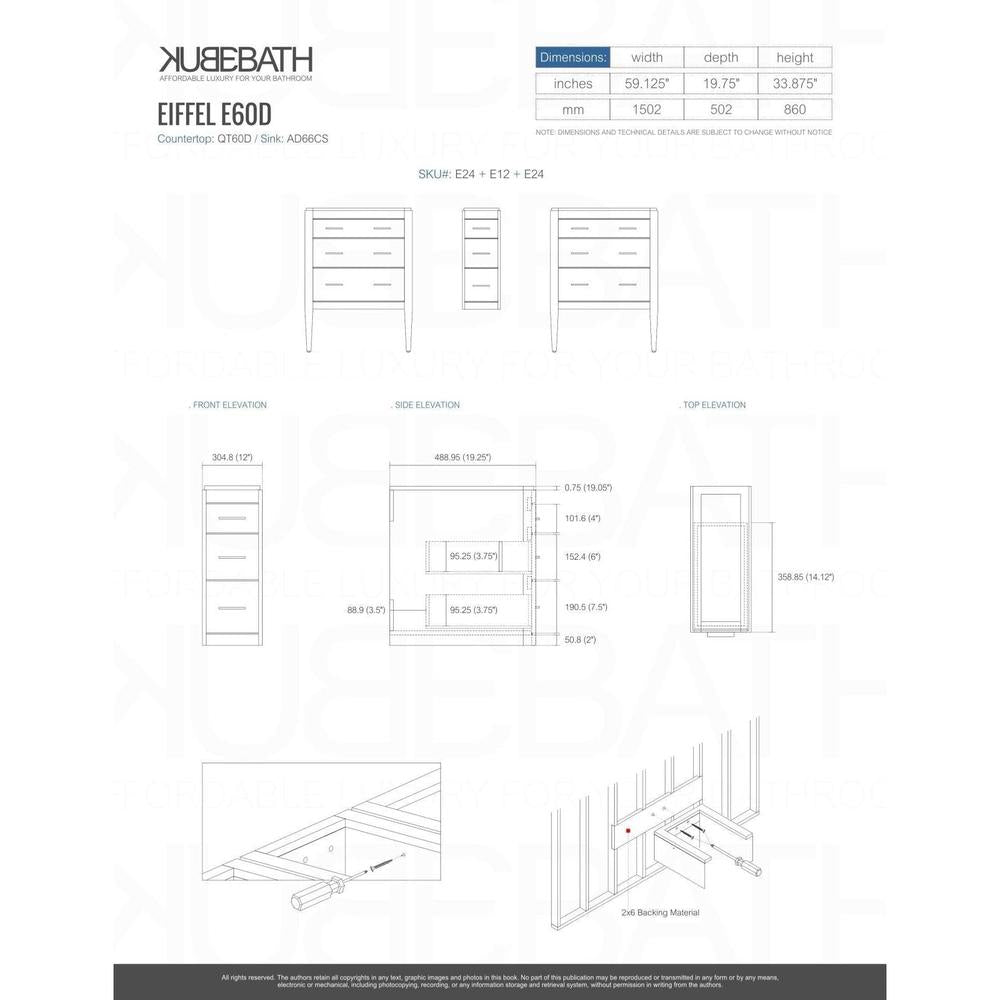 KubeBath Eiffel 60 in. Double Sink Vanity with Quartz Counter Top and White Lacquer Cabinets 
