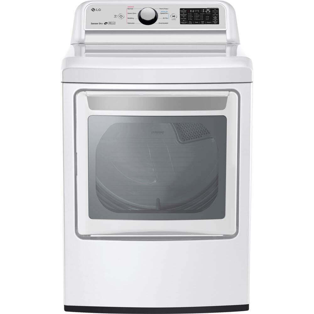 LG front-load electric dryer in white front