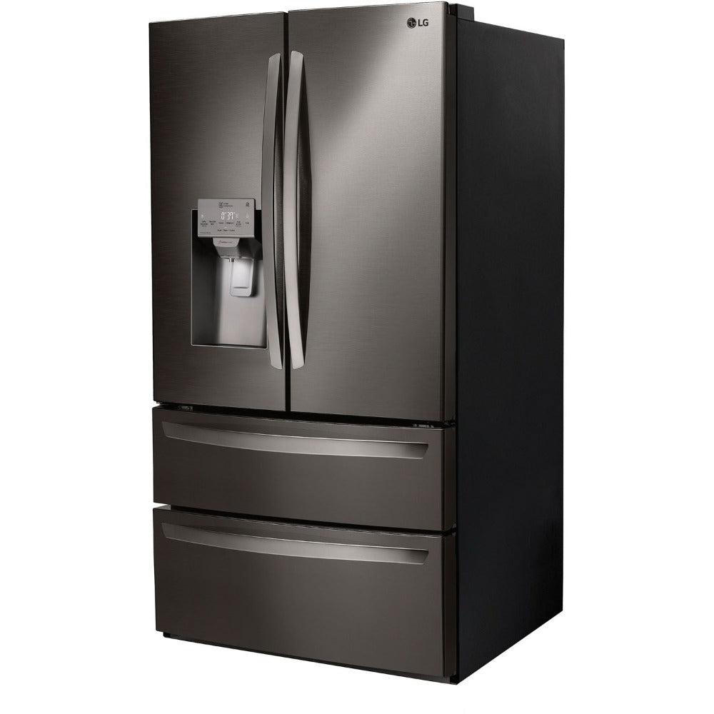 LG 36 Inch 4-Door French Door Refrigerator in Black Stainless Steel 28 Cu. Ft. (LMXS28626D) side, closed.