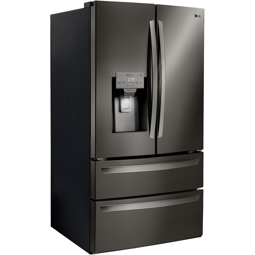 Black stainless steel LG LMXS28626D refrigerator front.