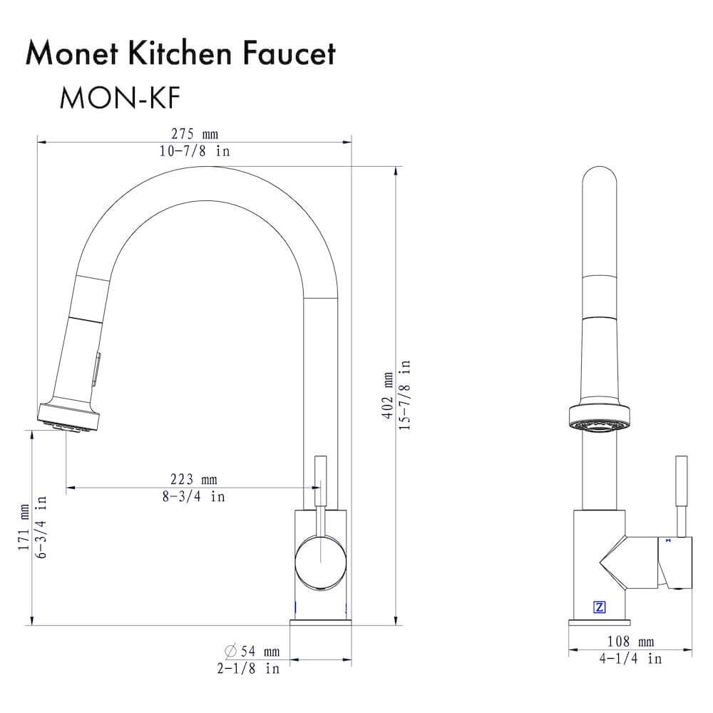 ZLINE Monet Kitchen Faucet in Polished Gold (MON-KF-PG) dimensional diagram.
