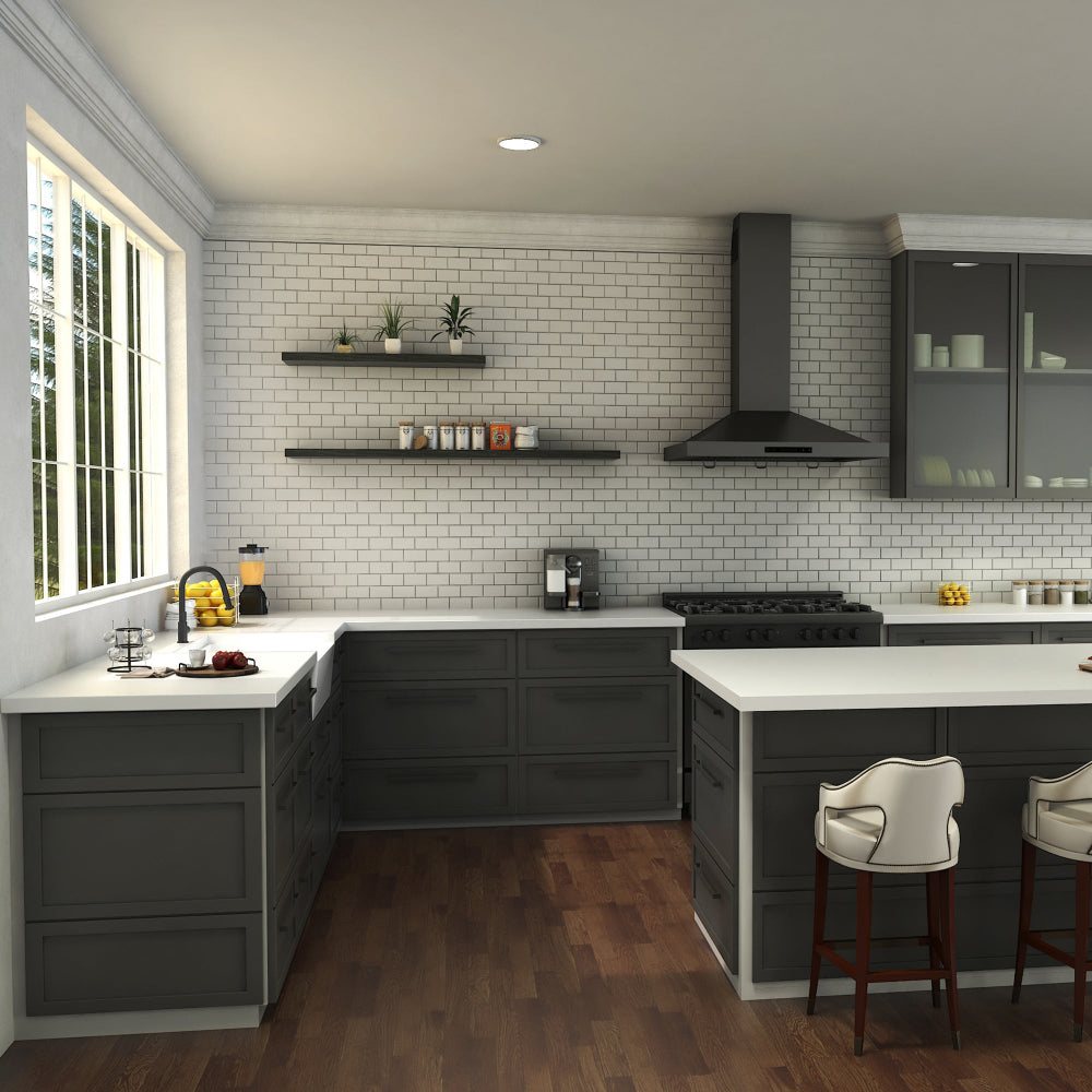 ZLINE Monet Kitchen Faucet (MON-KF) Matte Black in a modern kitchen with gray cabinets, white countertops, and a window.