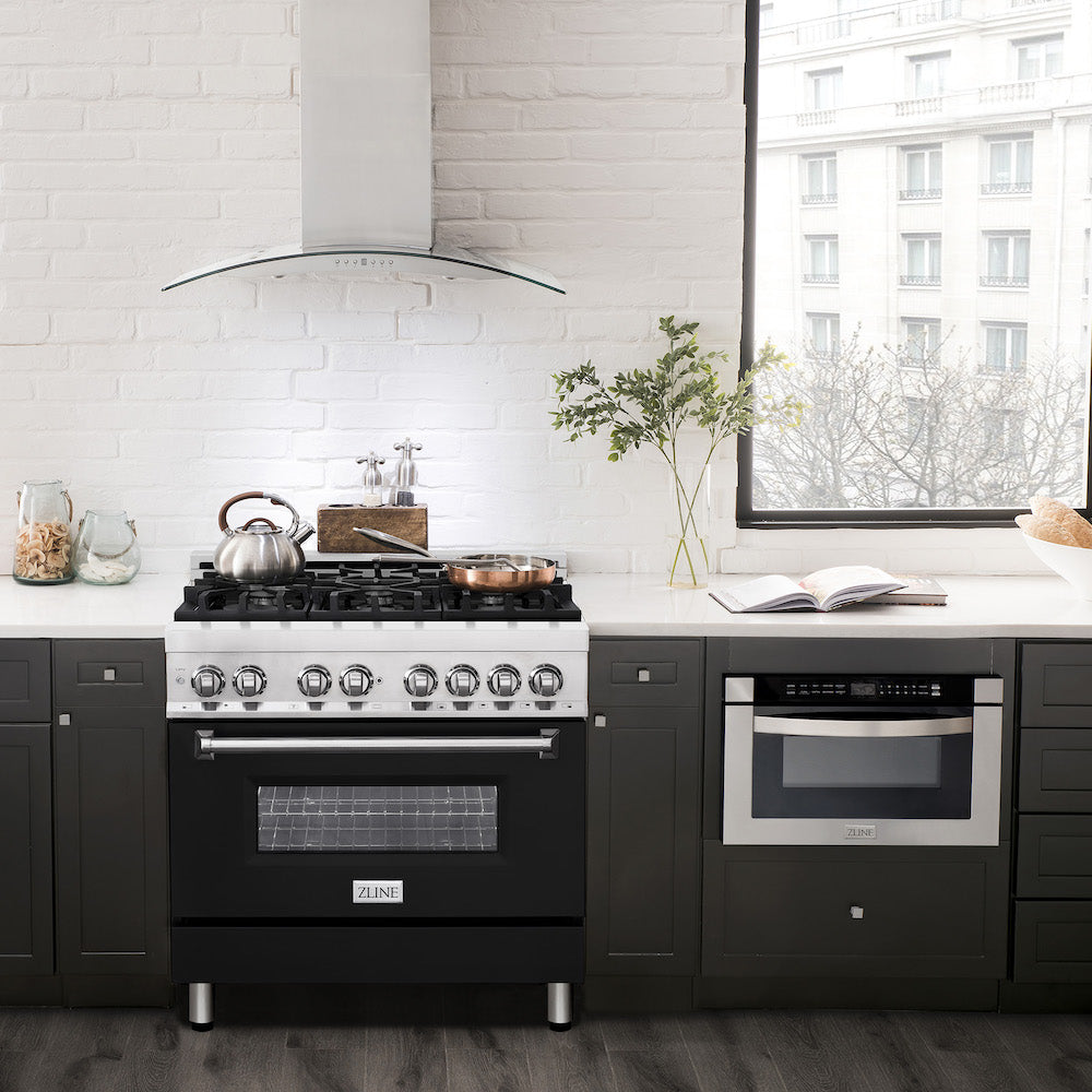 ZLINE 36 in. Dual Fuel Range with Gas Stove and Electric Oven in Stainless Steel with Black Matte Door (RA-BLM-36) in a luxury-style kitchen with matching appliances.