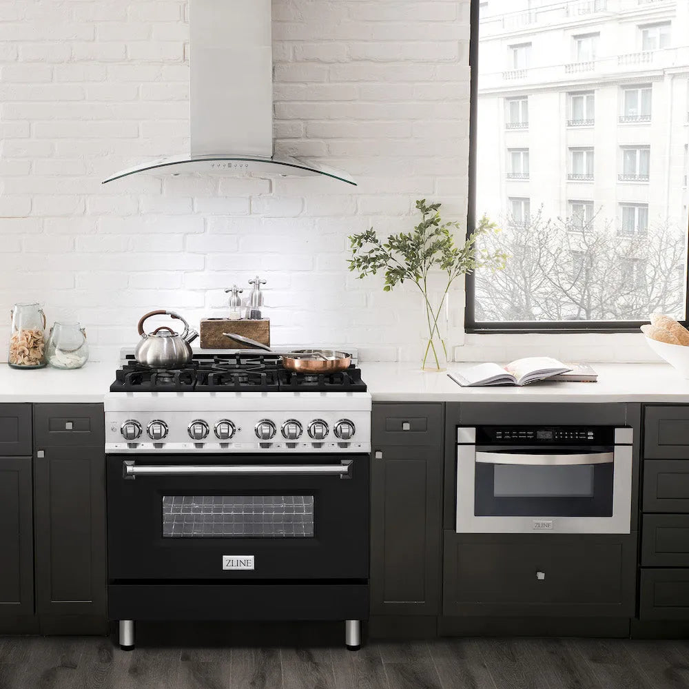 ZLINE 36 in. 4.6 cu. ft. Legacy Dual Fuel Range with 6 Burner Gas Cooktop and Electric Convection Oven in Stainless Steel and Black Matte Door (RA-BLM-36) in a luxury kitchen.