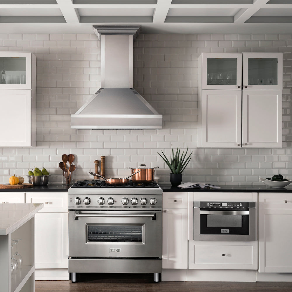 ZLINE 36 in. 4.6 cu. ft. Legacy Dual Fuel Range with Gas Cooktop and Electric Convection Oven in Stainless Steel with 6 Brass Burners (RA-BR-36) in a luxury kitchen with matching appliances.