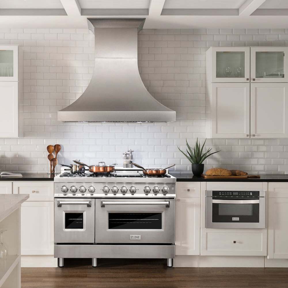 ZLINE 48 in. 6.0 cu. ft. Legacy Dual Fuel Range with Gas Cooktop and 2 Electric Ovens in Stainless Steel with 6 Brass Burners (RA-BR-48) in a luxury kitchen with matching appliances.