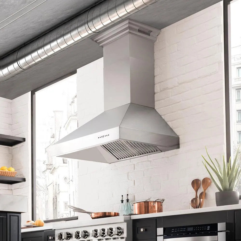 ZLINE Professional Wall Mount Range Hood in Stainless Steel with Built-in ZLINE CrownSound Bluetooth Speakers (697CRN-BT) 