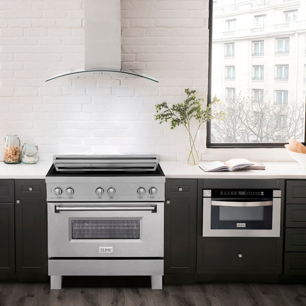 ZLINe MWD-1 Microwave Drawer, RA36 Dual Fuel Range, and KN4-36 Range Hood in a modern apartment kitchen.