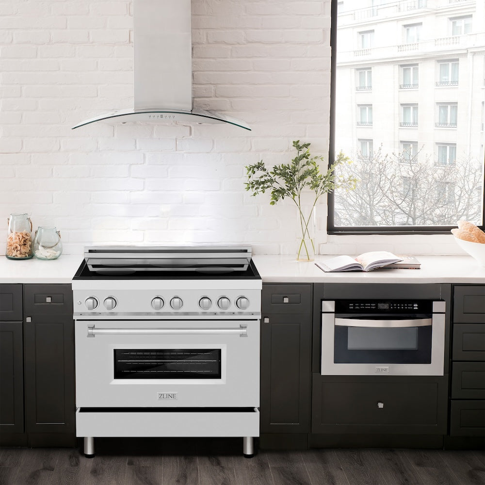 ZLINE 36 in. 4.6 cu. ft. Legacy Induction Range with 5 Element Cooktop and Electric Convection Oven in Stainless Steel (RAIND-36) in a luxury kitchen with matching appliances.