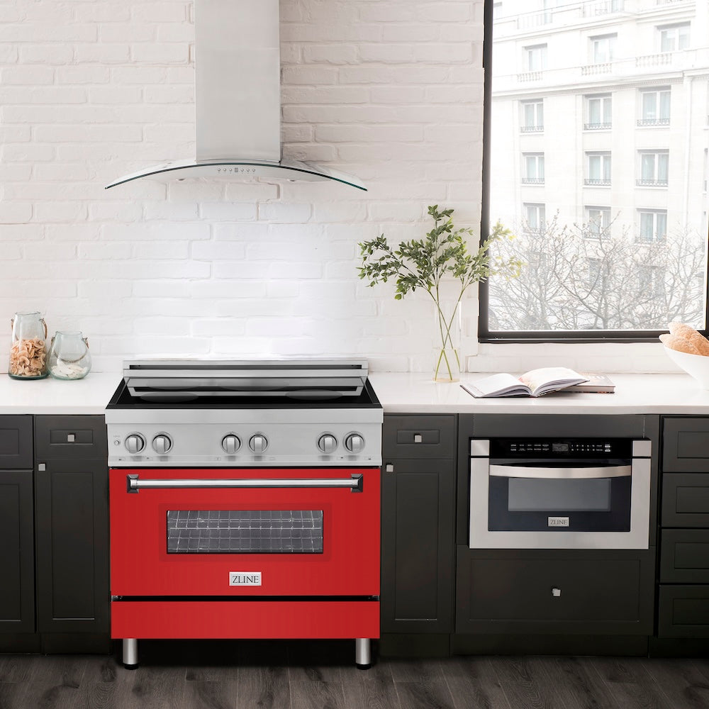ZLINE 36 in. 4.6 cu. ft. Legacy Induction Range with 5 Element Cooktop and Electric Oven in Stainless Steel and Red Matte Door, Open Box-Good Condition