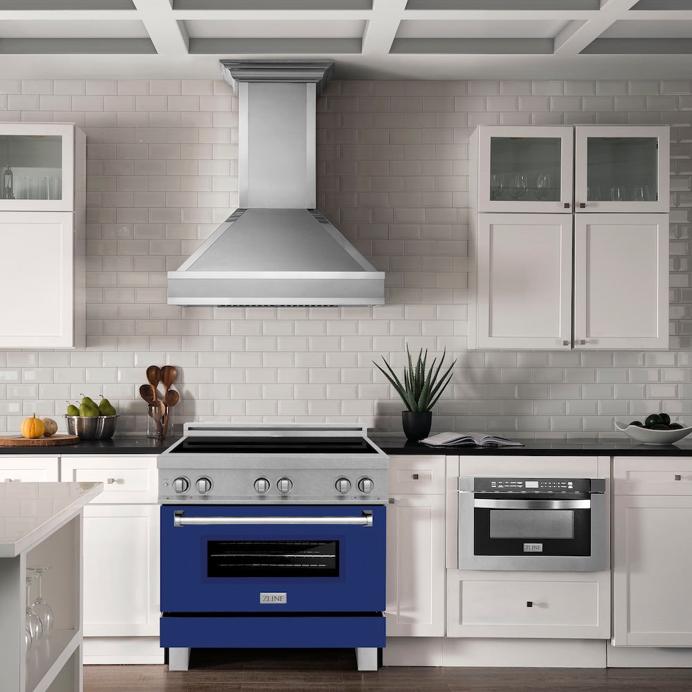ZLINE 36 in. 4.6 cu. ft. Legacy Induction Range with 5 Element Cooktop and Electric Oven in Satin Stainless Steel and Blue Gloss Door, Open Box-Good Condition