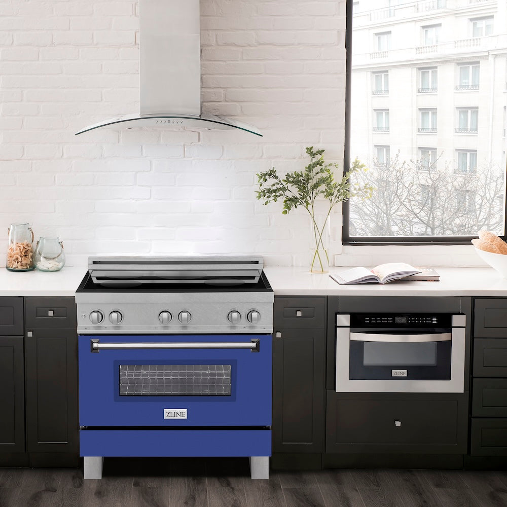 ZLINE 36 in. 4.6 cu. ft. Legacy Induction Range with 5 Element Cooktop and Electric Oven in Satin Stainless Steel and Blue Matte Door, Open Box-Good Condition