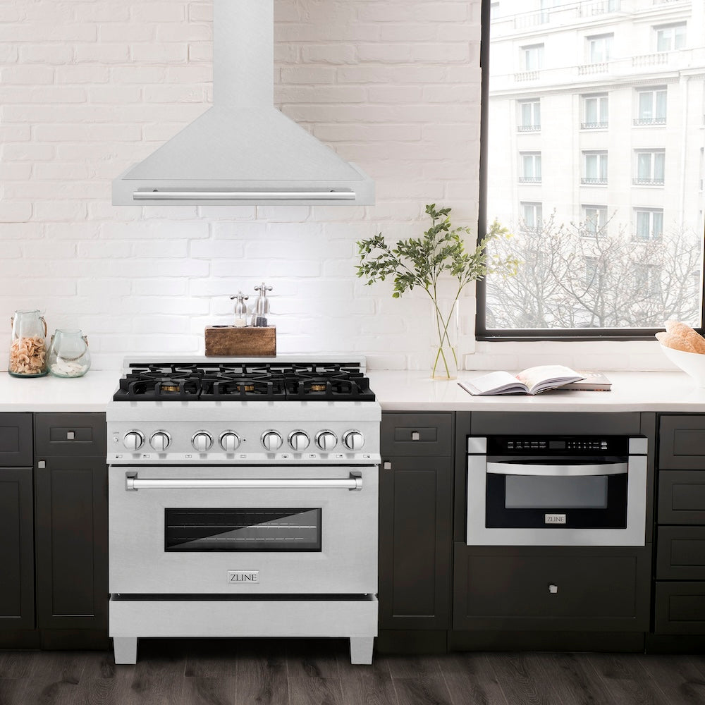 ZLINE 36 in. Convertible Fingerprint Resistant Satin Stainless Steel Range Hood with Colored Shell Options and Stainless Steel Handle (KB4SNX-36)