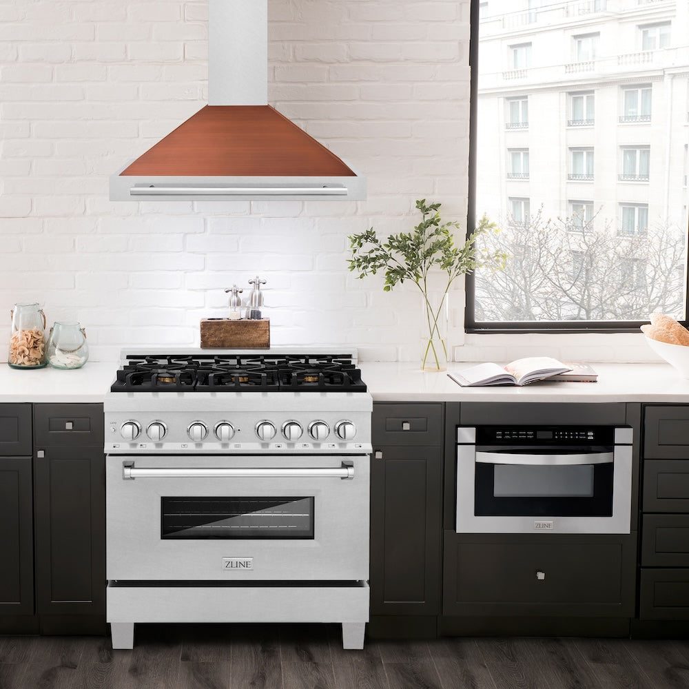 ZLINE Convertible Satin Stainless Steel Wall Mount Range Hood with Copper Shell and Stainless Steel Handle with Size Options (KB4SNX-C)