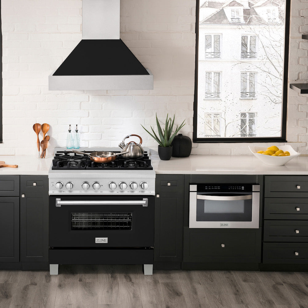 ZLINE 36 in. Professional Dual Fuel Range in Fingerprint Resistant Stainless Steel with Black Matte Door (RAS-BLM-36) in a luxury-style kitchen with matching appliances.