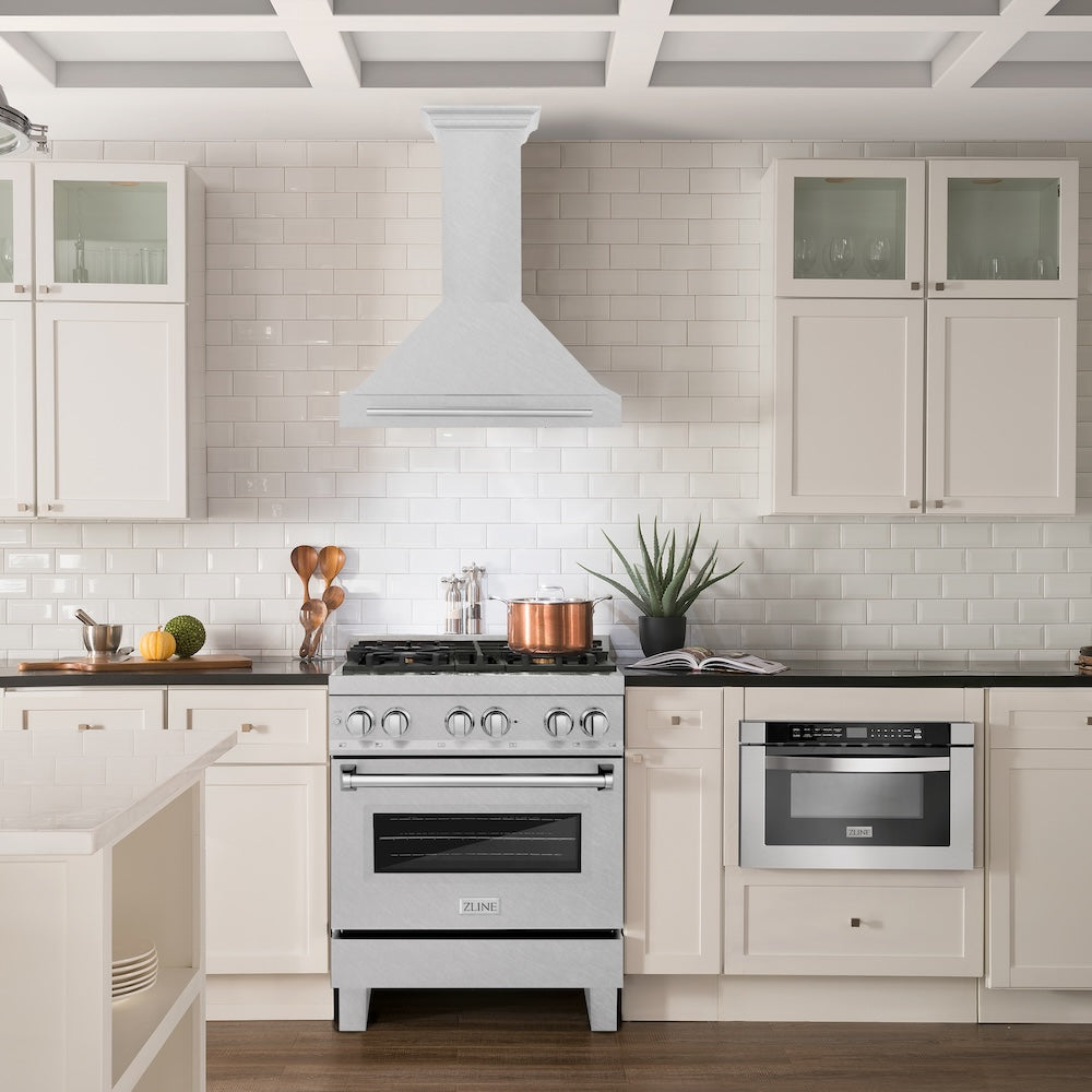 ZLINE 30 in. Convertible Satin Stainless Steel Wall Mount Range Hood with Colored Shell and Stainless Steel Handle (KB4SNX-30)