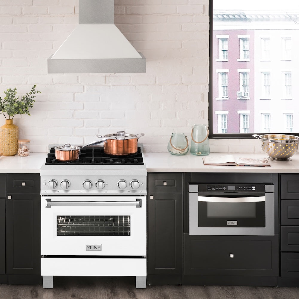 ZLINE 30 in. 4.0 cu. ft. Legacy Dual Fuel Range with 4 Burner Gas Cooktop and Electric Convection Oven in Satin Stainless Steel and White Matte Door (RAS-WM-30)