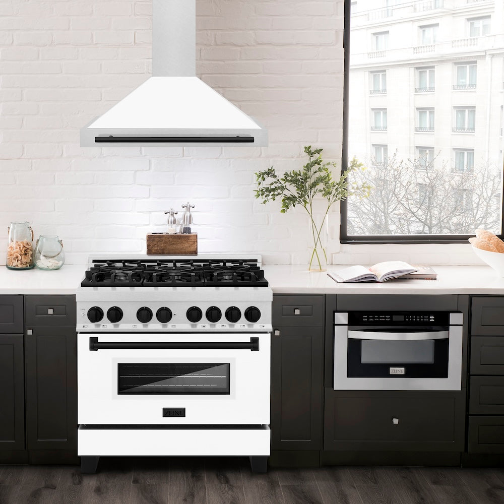 ZLINE Autograph Edition 36 in. Convertible Satin Stainless Steel Wall Mount Range Hood with White Matte Shell and Accent Handle (KB4SNZ-WM36)