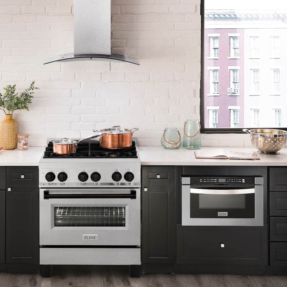 ZLINE Autograph Edition 30 in. 4.0 cu. ft. Legacy Dual Fuel Range with 4 Burner Gas Cooktop and Electric Convection Oven in Satin Stainless Steel and Matte Black Accents, Open Box-Good Condition