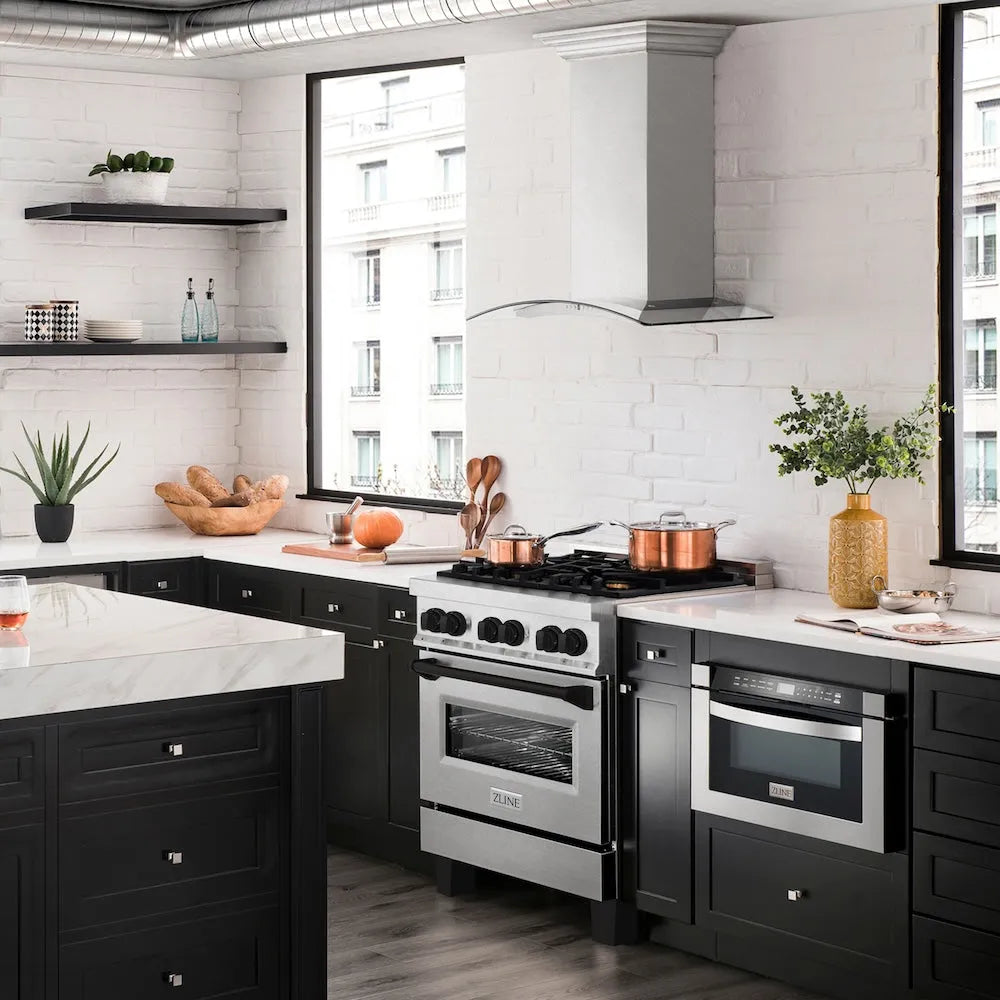 ZLINE Autograph Edition 30 in. 4.0 cu. ft. Legacy Dual Fuel Range with 4 Burner Gas Cooktop and Electric Convection Oven in Satin Stainless Steel and Matte Black Accents (RASZ-SN-30-MB)