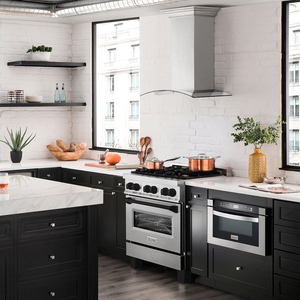 ZLINE Autograph Edition 30 in. 4.0 cu. ft. Legacy Dual Fuel Range with 4 Burner Gas Cooktop and Electric Convection Oven in Satin Stainless Steel and Matte Black Accents, Open Box-Good Condition