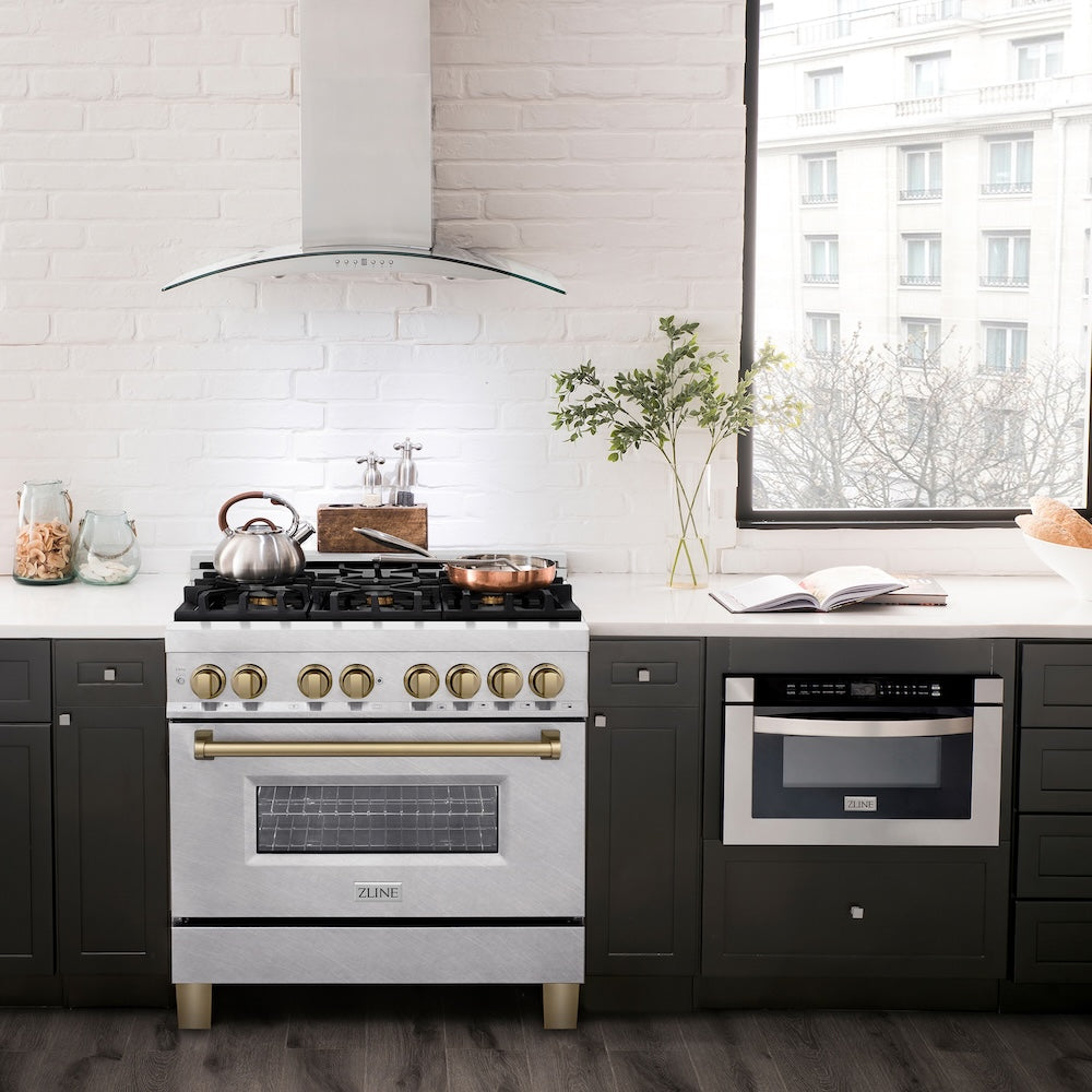 ZLINE Autograph Edition 36 in. 4.6 cu. ft. Legacy Dual Fuel Range with 6 Burner Gas Cooktop and Electric Convection Oven in Satin Stainless Steel and Champagne Bronze Accents, Open Box-Good Condition