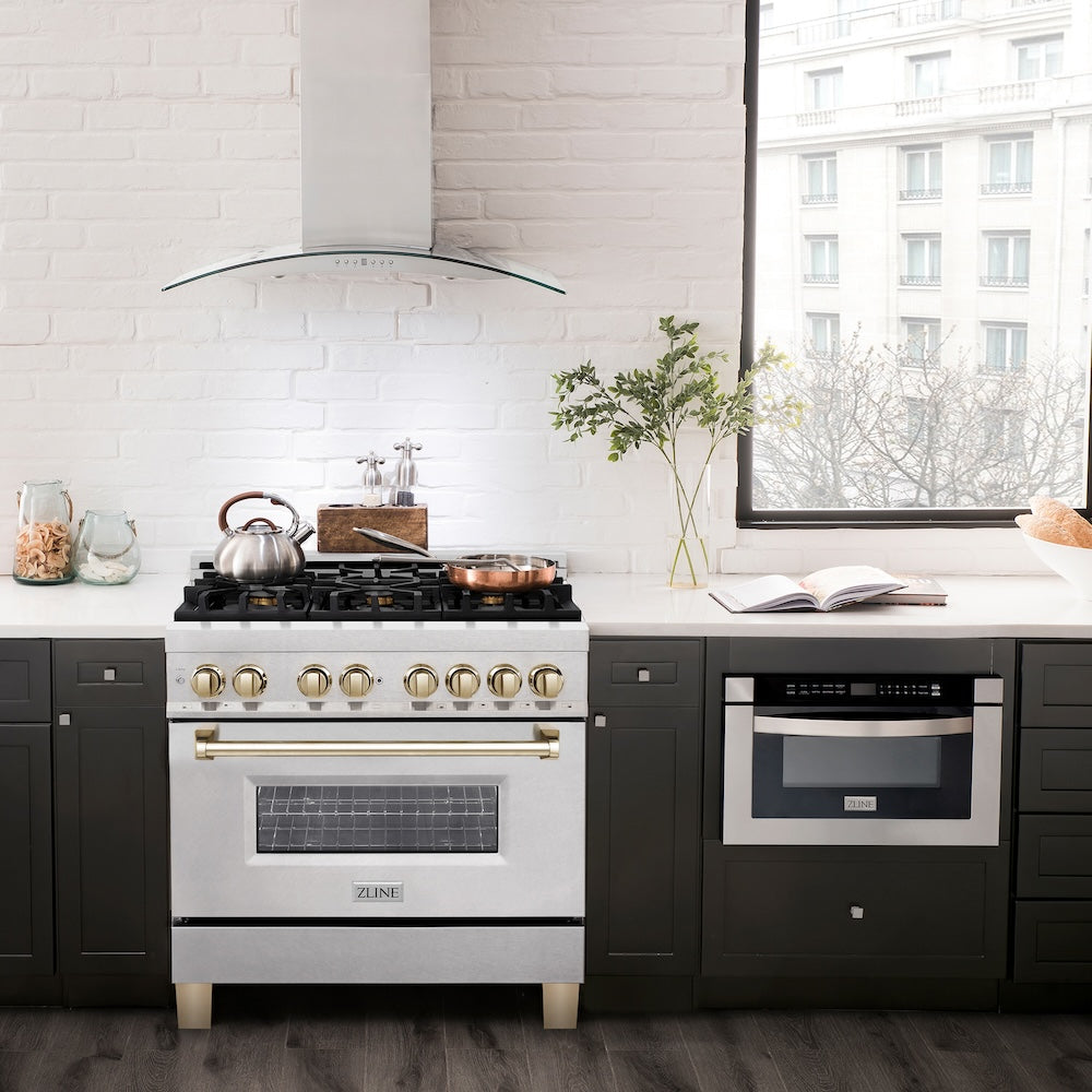ZLINE Autograph Edition 36 in. 4.6 cu. ft. Legacy Dual Fuel Range with 6 Burner Gas Cooktop and Electric Convection Oven in Satin Stainless Steel and Polished Gold Accents (RASZ-SN-36-G)
