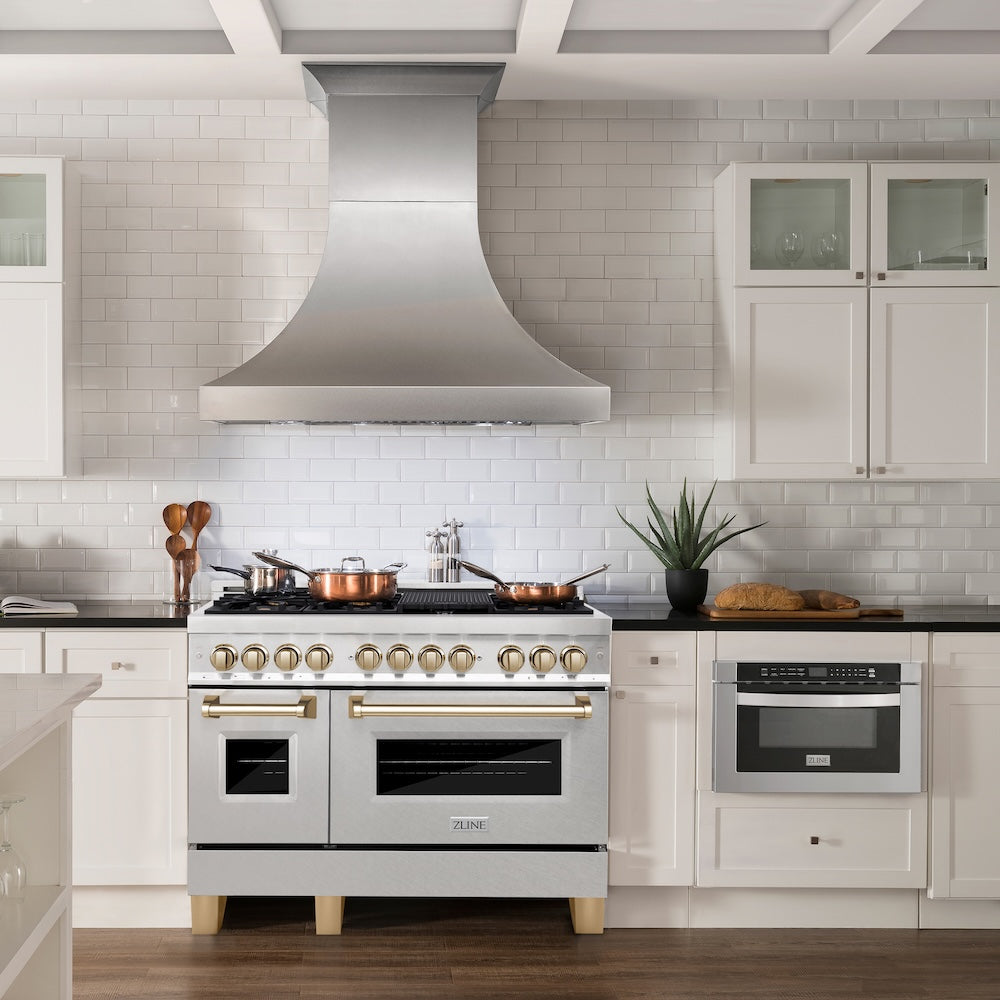 ZLINE Autograph Edition 48 in. 6.0 cu. ft. Legacy Dual Fuel Range with 7 Burner Gas Cooktop and 2 Electric Ovens in Satin Stainless Steel and Polished Gold Accents, Open Box-Good Condition