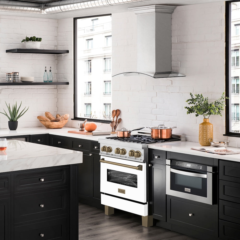 ZLINE Autograph Edition 30 in. 4.0 cu. ft. Legacy Dual Fuel Range with 4 Burner Gas Cooktop and Electric Convection Oven in Satin Stainless Steel with White Matte Door and Champagne Bronze Accents, Open Box-Good Condition