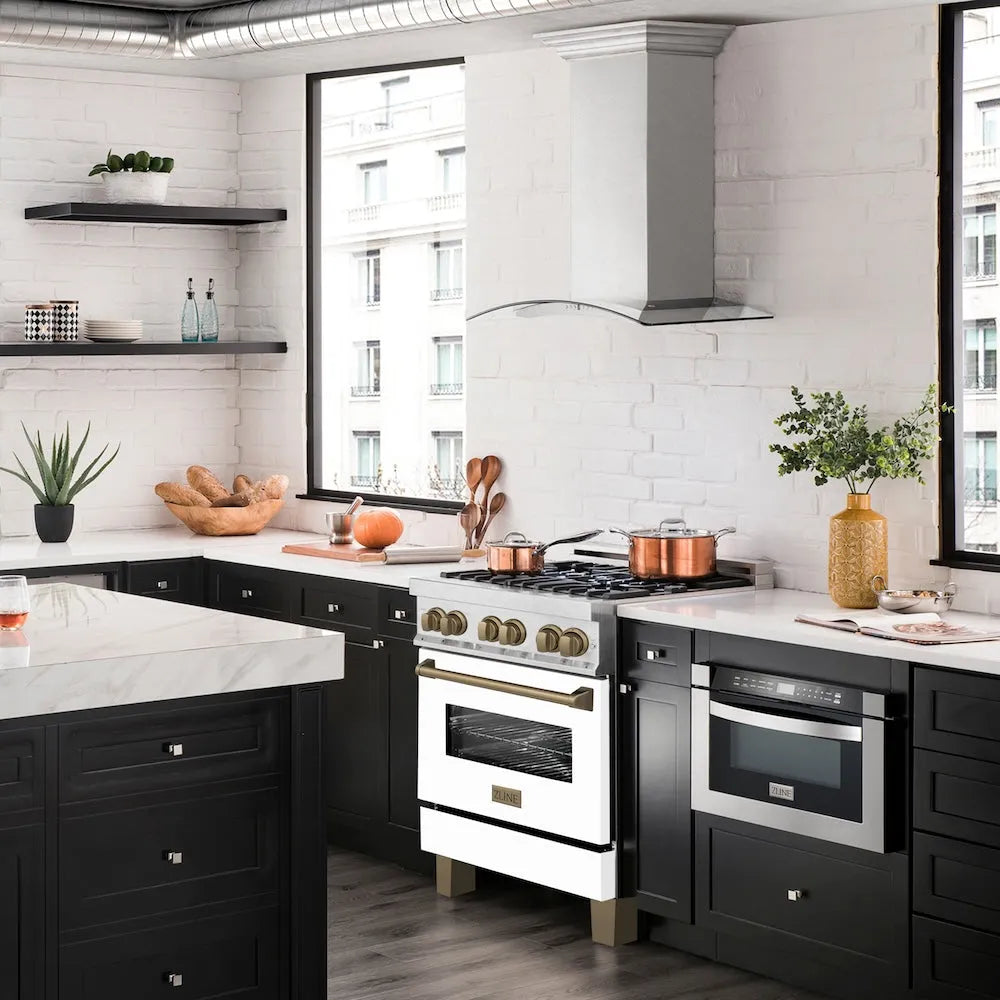 ZLINE Autograph Edition 30 in. 4.0 cu. ft. Legacy Dual Fuel Range with 4 Burner Gas Cooktop and Electric Convection Oven in Satin Stainless Steel with White Matte Door and Champagne Bronze Accents (RASZ-WM-30-CB)