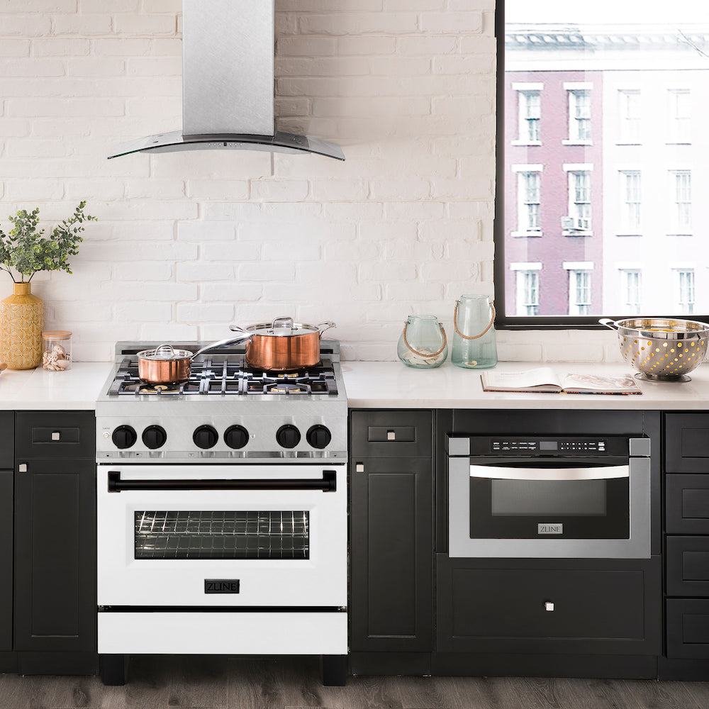 ZLINE Autograph Edition 30 in. 4.0 cu. ft. Legacy Dual Fuel Range with 4 Burner Gas Cooktop and Electric Convection Oven in DuraSnow® Stainless Steel with White Matte Door and Matte Black Accents (RASZ-WM-30-MB) front, oven closed.