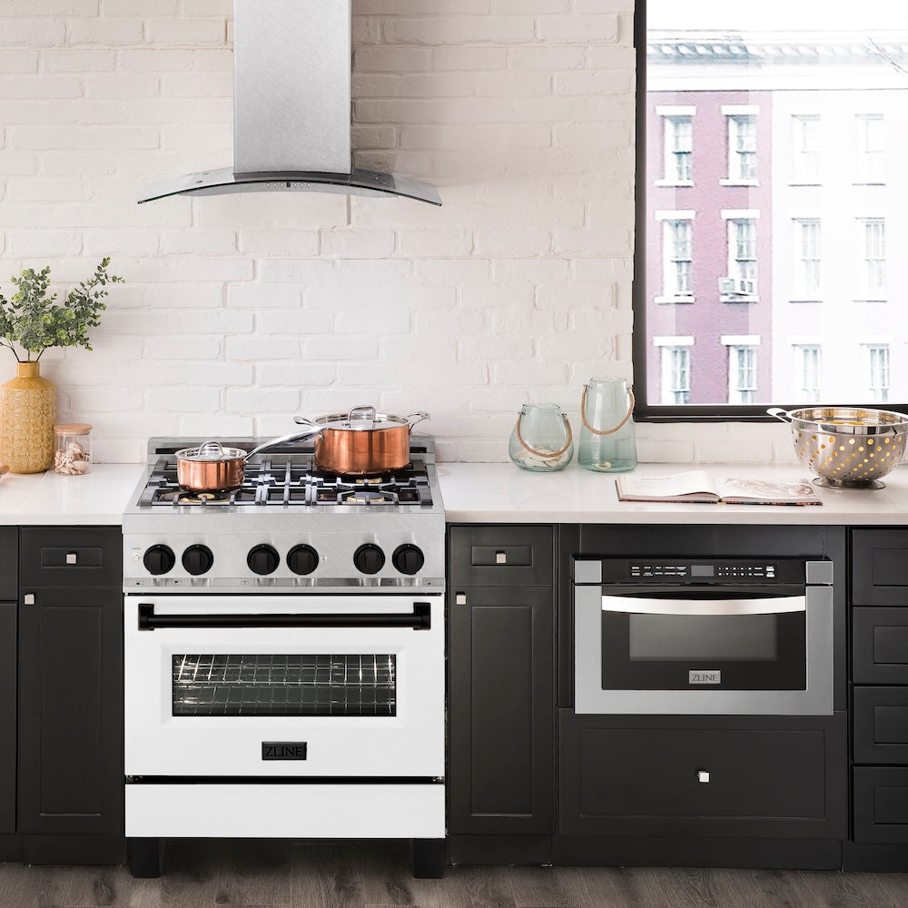 ZLINE Autograph Edition 30 in. 4.0 cu. ft. Legacy Dual Fuel Range with 4 Burner Gas Cooktop and Electric Convection Oven in Satin Stainless Steel with White Matte Door and Matte Black Accents, Open Box-Good Condition