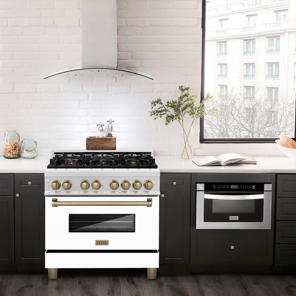 ZLINE Autograph Edition 36 in. 4.6 cu. ft. Legacy Dual Fuel Range with 6 Burner Gas Cooktop and Electric Convection Oven in Satin Stainless Steel with White Matte Door and Champagne Bronze Accents, Open Box-Good Condition