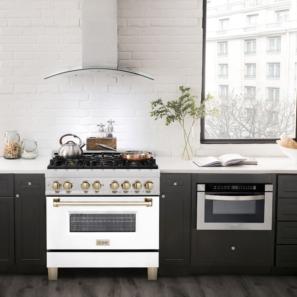 ZLINE Autograph Edition 36 in. 4.6 cu. ft. Dual Fuel Range with Gas Stove and Electric Oven in Fingerprint Resistant Stainless Steel with White Matte Door and Polished Gold Accents (RASZ-WM-36-G) in a luxury-style kitchen with matching appliances.
