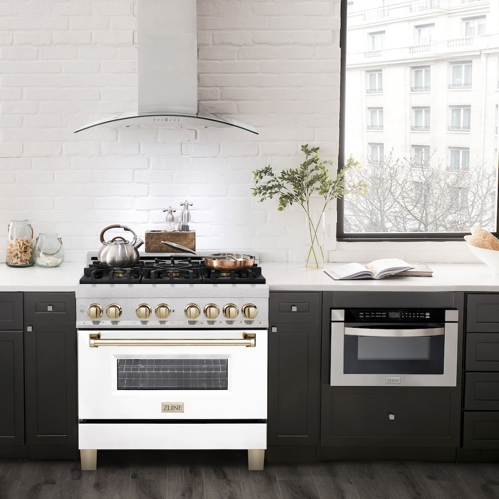 ZLINE Autograph Edition 36 in. 4.6 cu. ft. Legacy Dual Fuel Range with 6 Burner Gas Cooktop and Electric Convection Oven in Satin Stainless Steel with White Matte Door and Polished Gold Accents, Open Box-Good Condition