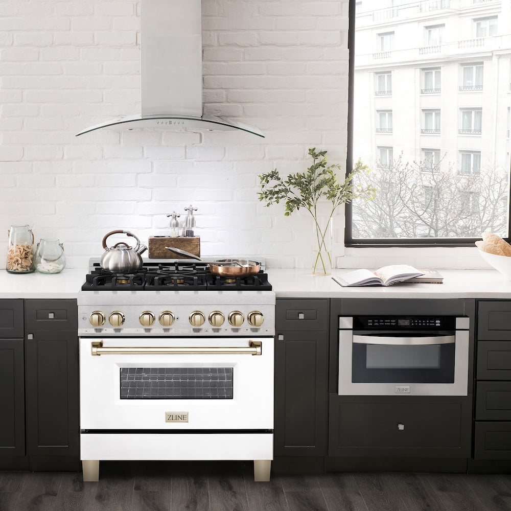 ZLINE Autograph Edition 36 in. 4.6 cu. ft. Legacy Dual Fuel Range with 6 Burner Gas Cooktop and Electric Convection Oven in Satin Stainless Steel with White Matte Door and Polished Gold Accents (RASZ-WM-36-G)