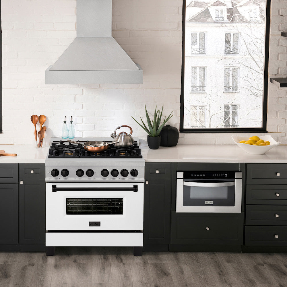 ZLINE Autograph Edition 36 in. 4.6 cu. ft. Dual Fuel Range with Gas Stove and Electric Oven in Fingerprint Resistant Stainless Steel with White Matte Door and Matte Black Accents (RASZ-WM-36-MB) in a luxury-style kitchen with matching appliances.
