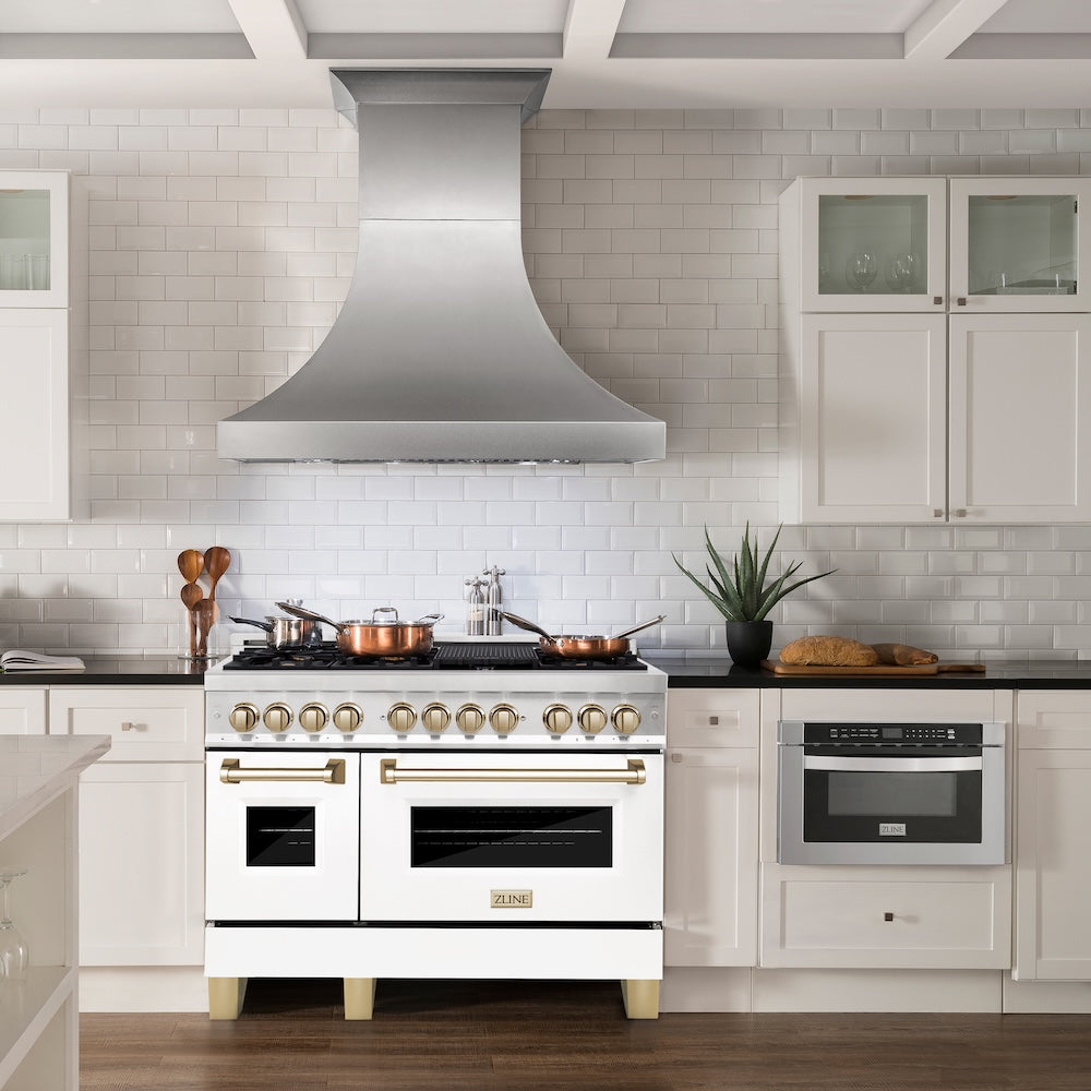 ZLINE Autograph Edition 48 in. 6.0 cu. ft. Legacy Dual Fuel Range with 7 Burner Gas Cooktop and 2 Electric Ovens in Satin Stainless Steel with White Matte Doors and Polished Gold Accents, Open Box-Good Condition
