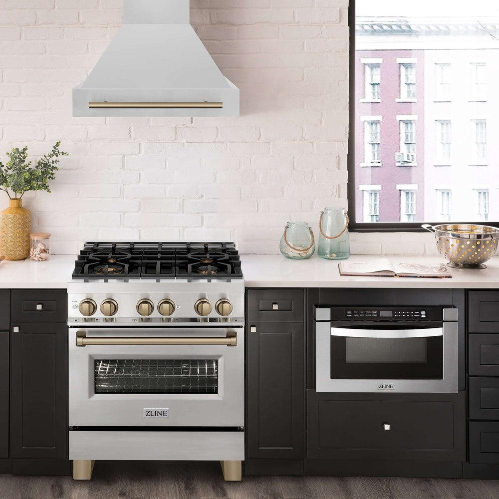 ZLINE Autograph Edition 30 in. Stainless Steel Range Hood with Stainless Steel Shell and Handle (8654STZ-30) in modern luxury apartment kitchen above matching range.