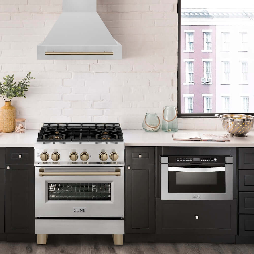 ZLINE Autograph Edition 30 in. 4.0 cu. ft. Legacy Dual Fuel Range with 4 Burner Gas Cooktop and Electric Convection Oven in Stainless Steel and Champagne Bronze Accents, Open Box-Great Condition