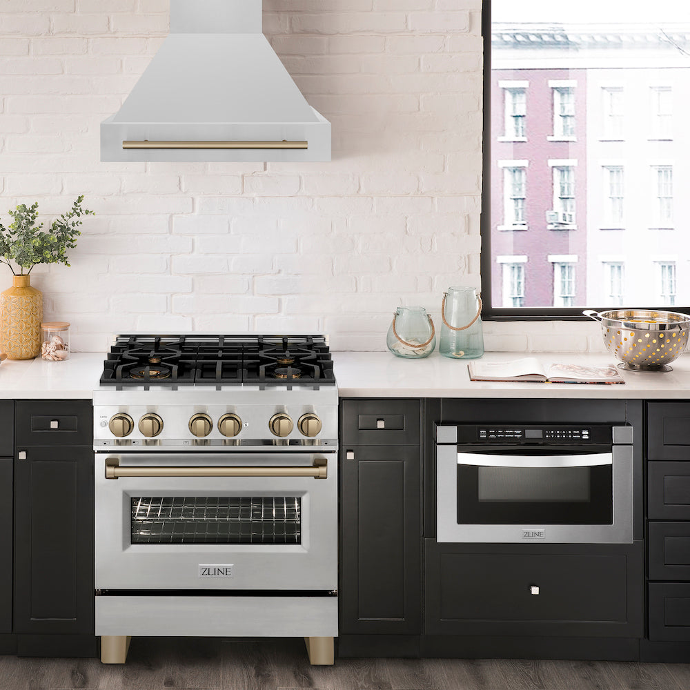 ZLINE Autograph Edition 30 in. 4.0 cu. ft. Dual Fuel Range with Gas Stove and Electric Oven in Stainless Steel with Champagne Bronze Accents (RAZ-30-CB) in a modern-style compact kitchen.