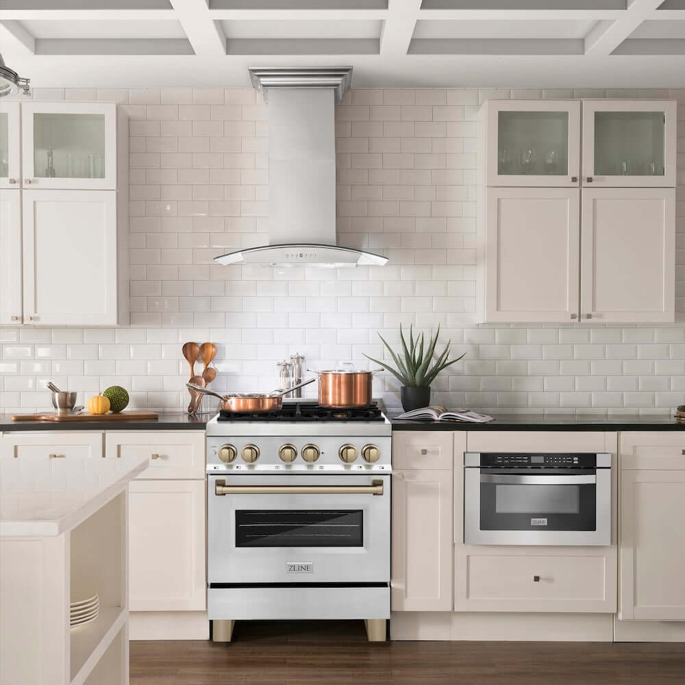 ZLINE Autograph Edition 30 in. 4.0 cu. ft. Legacy Dual Fuel Range with 4 Burner Gas Cooktop and Electric Convection Oven in Stainless Steel and Champagne Bronze Accents, Open Box-Great Condition
