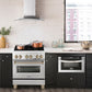 Modern kitchen with a ZLINE Autograph Edition 30 in. 4.0 cu. ft. Legacy Dual Fuel Range with 4 Burner Gas Cooktop and Electric Convection Oven in Stainless Steel and Champagne Bronze Accents (RAZ-30-CB)  and black cabinets