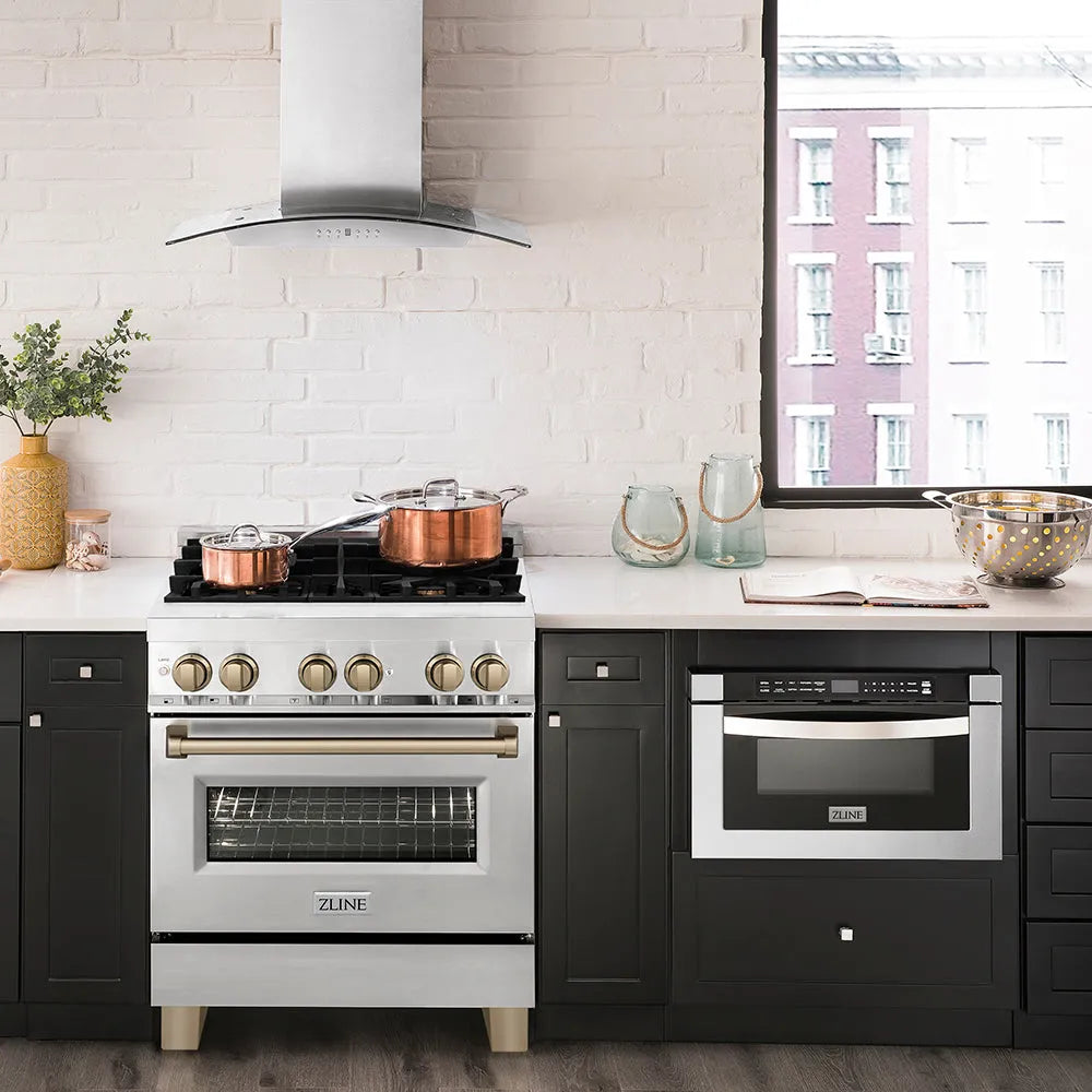 Modern kitchen with a ZLINE Autograph Edition 30 in. 4.0 cu. ft. Legacy Dual Fuel Range with 4 Burner Gas Cooktop and Electric Convection Oven in Stainless Steel and Champagne Bronze Accents (RAZ-30-CB)  and black cabinets