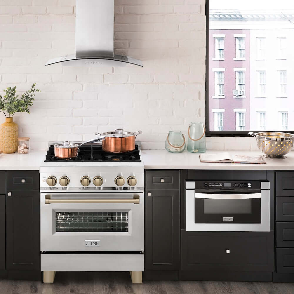 ZLINE Autograph Edition 30 in. 4.0 cu. ft. Legacy Dual Fuel Range with 4 Burner Gas Cooktop and Electric Convection Oven in Stainless Steel and Champagne Bronze Accents, Open Box-Great Condition