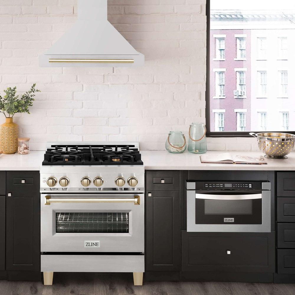 ZLINE Autograph Edition 30 in. Stainless Steel Range Hood with Stainless Steel Shell and Handle (8654STZ-30) in modern luxury apartment kitchen above matching range.